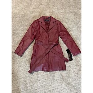 Vintage Phase Two Leather Trench Coat Womens Medium Red Maroon Burgundy Belted